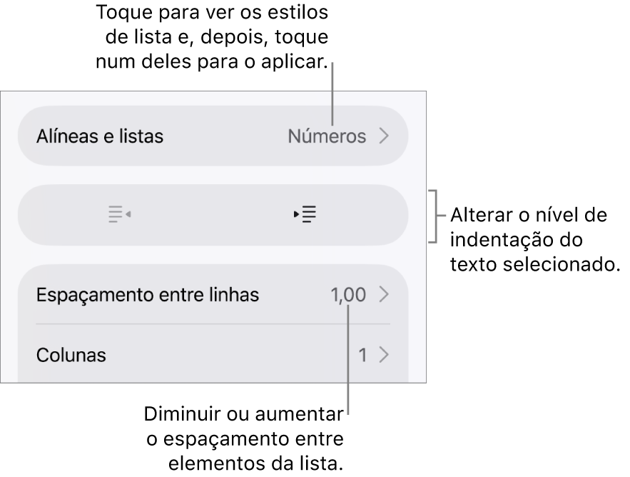 A secção “Marcas e listas” dos controlos de “Formatação” com chamadas para “Marcas e listas”, botões de remover indentação e de indentação e controlos de espaçamento.