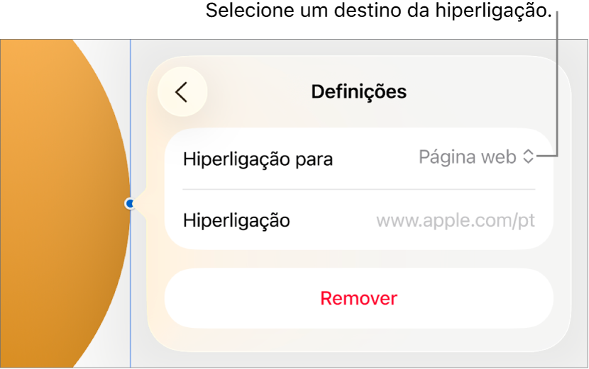 Os controlos “Definições” com a página web selecionada e o botão “Remover” na parte inferior.