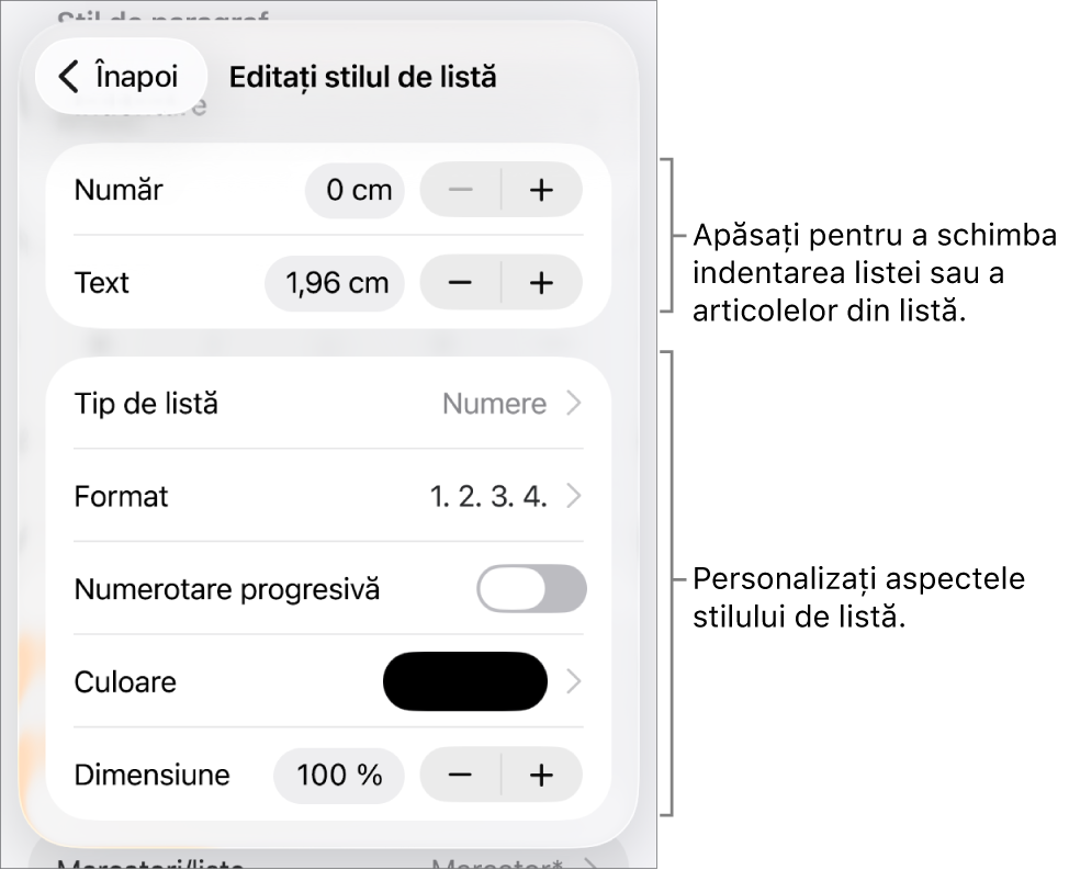 Meniul Editați stilul de listă, cu comenzile pentru spațierea indentărilor, tipurile și formatele de liste, numerotare progresivă, culori și dimensiuni de liste și numerotarea continuă.