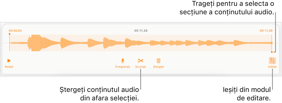 Comenzile pentru editarea conținutului audio înregistrat. Mânerele indică secțiunea selectată a înregistrării și butoanele pentru previzualizare, înregistrare, scurtare, ștergere și modul de editare se află mai jos.