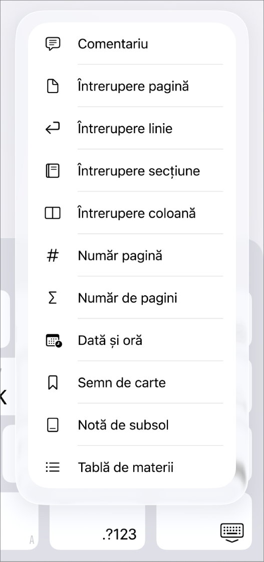 Bara de scurtături cu comenzile de inserare deschise, deasupra butonului Inserați.
