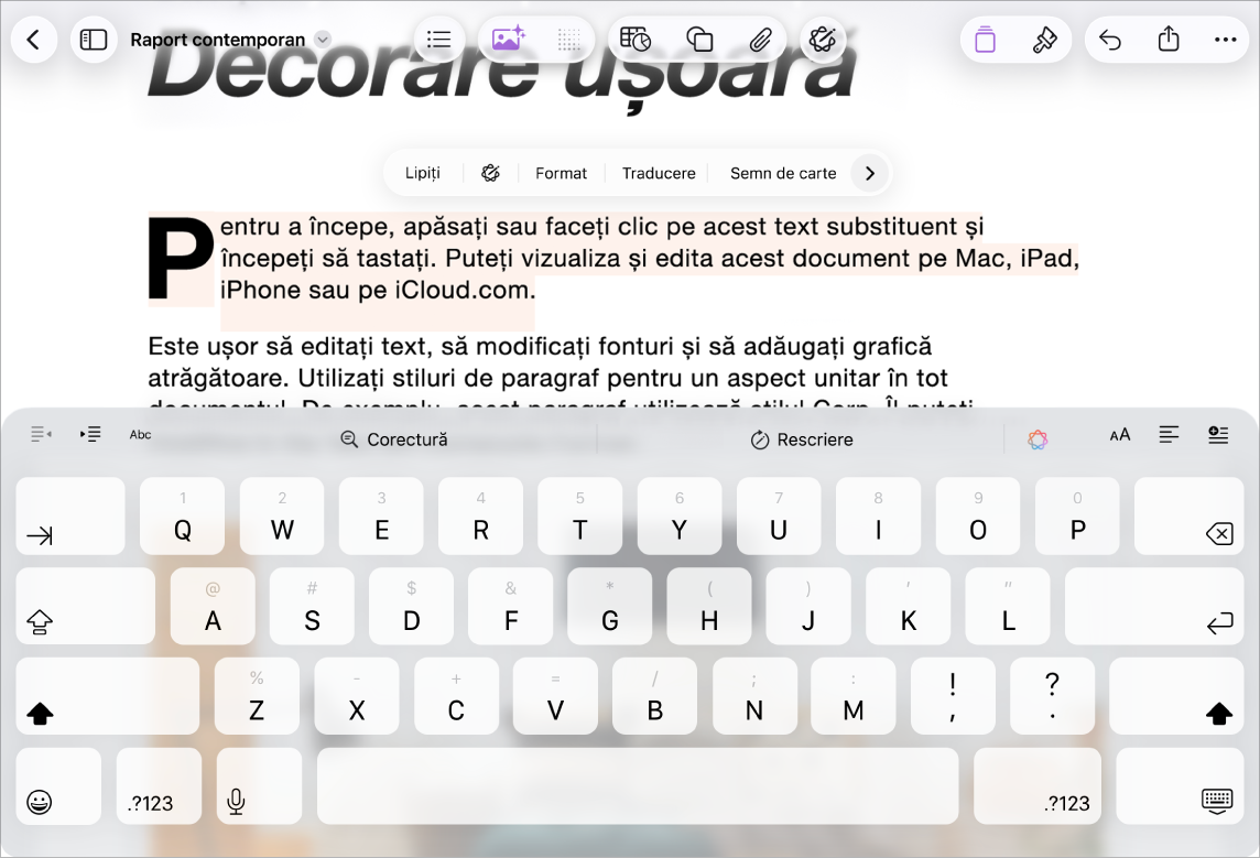 Document Pages deschis cu text substituent selectat.