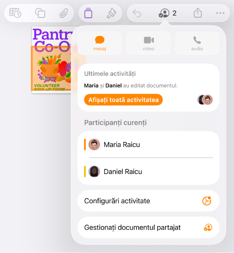 Meniul de colaborare afișând numele persoanelor care colaborează la document.