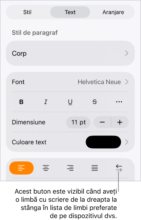 Comenzile pentru text din meniul Format cu o explicație referitoare la butonul De la dreapta la stânga.