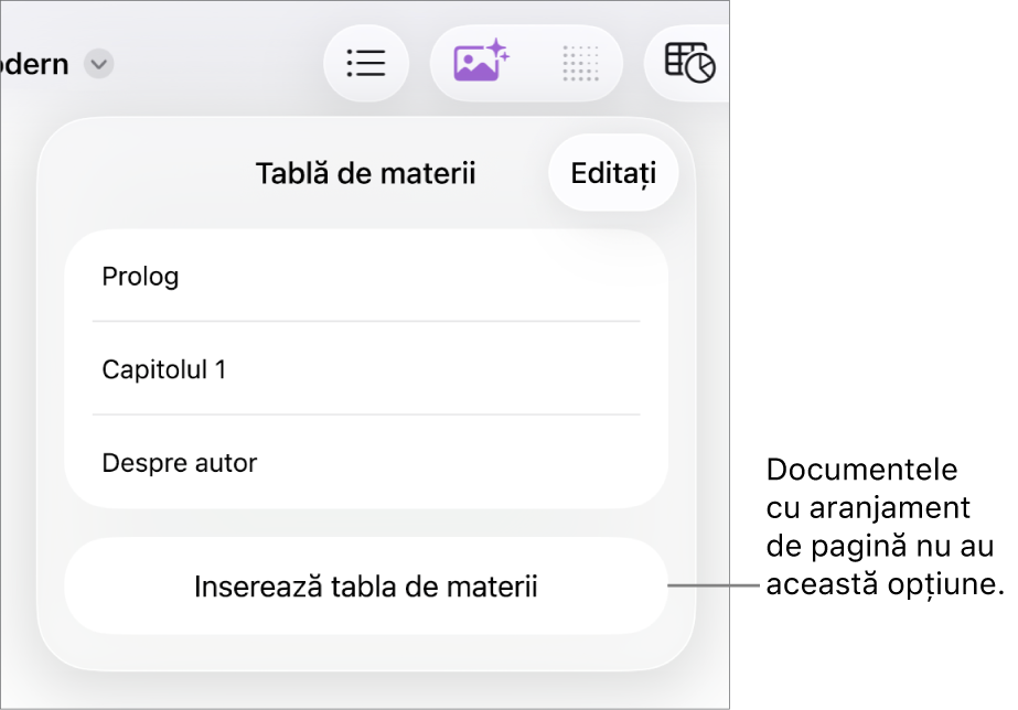 Vizualizarea tablei de materii, cu butonul Editați în colțul din dreapta sus, intrările din tabla de materii și butonul Inserați tabla de materii în partea de jos.