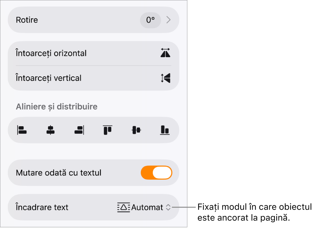 Comenzile Format cu fila Aranjare selectată și comenzile pentru Mutați în spate/față, Mutare odată cu textul și Încadrare text.