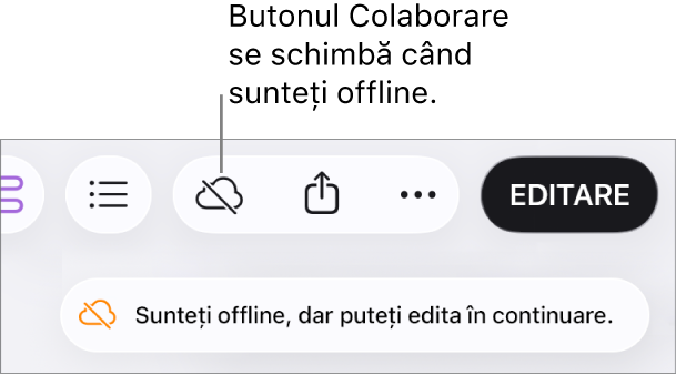 Pe ecran apare o alertă „Sunteți offline, dar puteți edita în continuare”.