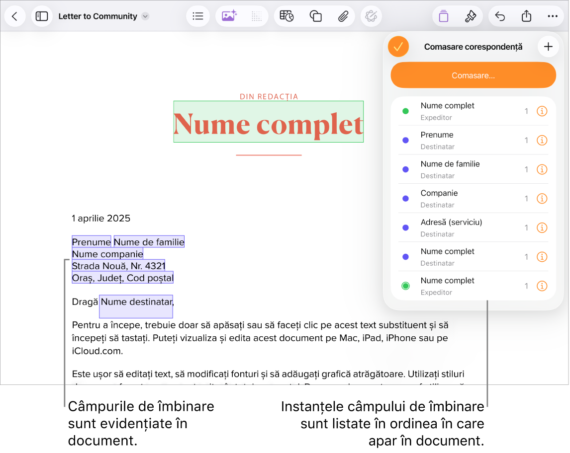 Un document Pages cu câmpurile de comasare ale adresei destinatarului evidențiind textul substituent care va fi înlocuit și ocurențele câmpurilor de comasare enumerate în meniul Comasare corespondență.