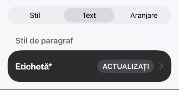 Stilul de paragraf Corp cu un asterisc lângă el și un buton Actualizați în partea dreaptă.