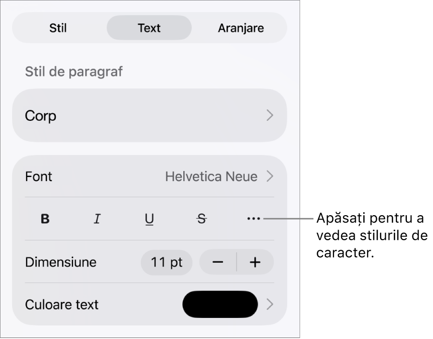 Comenzile Format cu stilurile de paragraf în partea de sus, apoi comenzile Font. Sub Font se află butoanele Aldin, Cursiv, Subliniat, Tăiat cu o linie și Alte opțiuni de text.