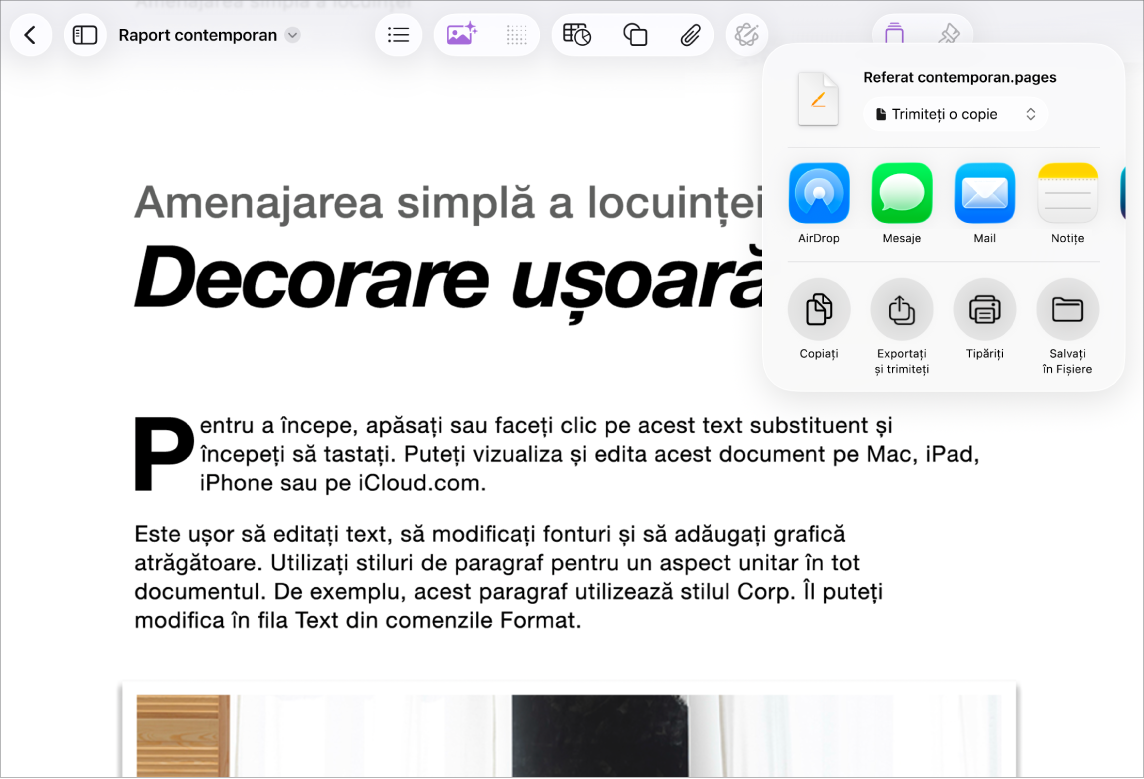 Opțiunile de partajare sau de exportare sunt deschise într-un document aflat în lucru.
