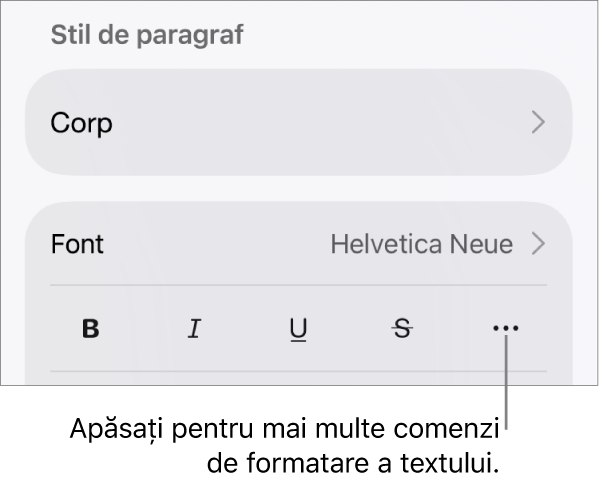 Fila Text a comenzilor Format, cu o explicație pentru butonul Alte opțiuni de text.