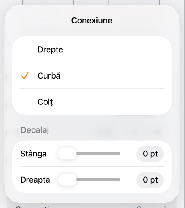 Comenzile Conexiune cu opțiunea Curbă selectată.