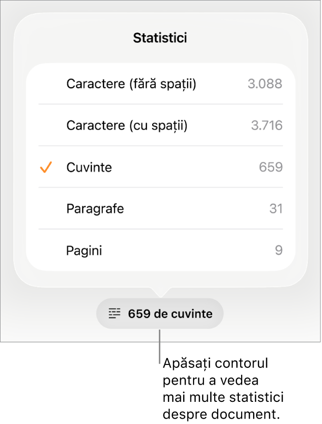 Contorul de cuvinte cu un meniu care prezintă opțiunile pentru a afișa numărul de caractere fără și cu spații, numărul de cuvinte, numărul de paragrafe și numărul de pagini.