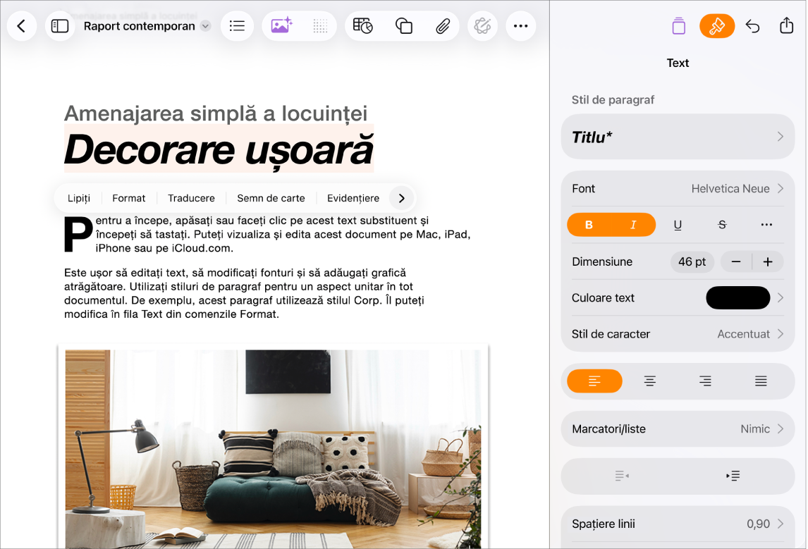 Document Pages deschis cu text selectat și opțiunile de formatare a textului deschise.