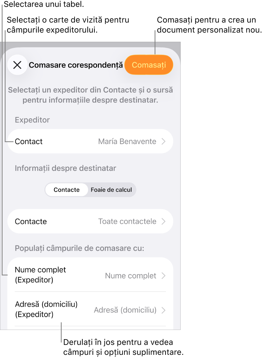 Panoul de comasare a corespondenței este deschis, afișând opțiunile pentru selectarea informațiilor expeditorului, schimbarea fișierului sau a tabelului sursă, previzualizarea numelor câmpurilor de comasare sau a înregistrărilor individuale sau pentru comasarea documentului.