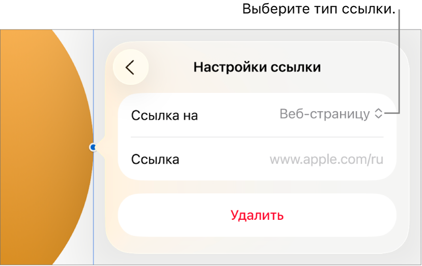 Элементы управления «Настройки ссылки»; выбран элемент «Веб-страница». В нижней части экрана показана кнопка «Удалить».