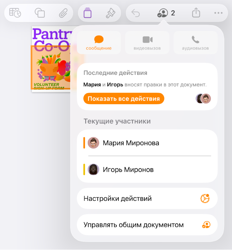 Меню совместной работы, в котором показаны имена людей, совместно работающих над документом.