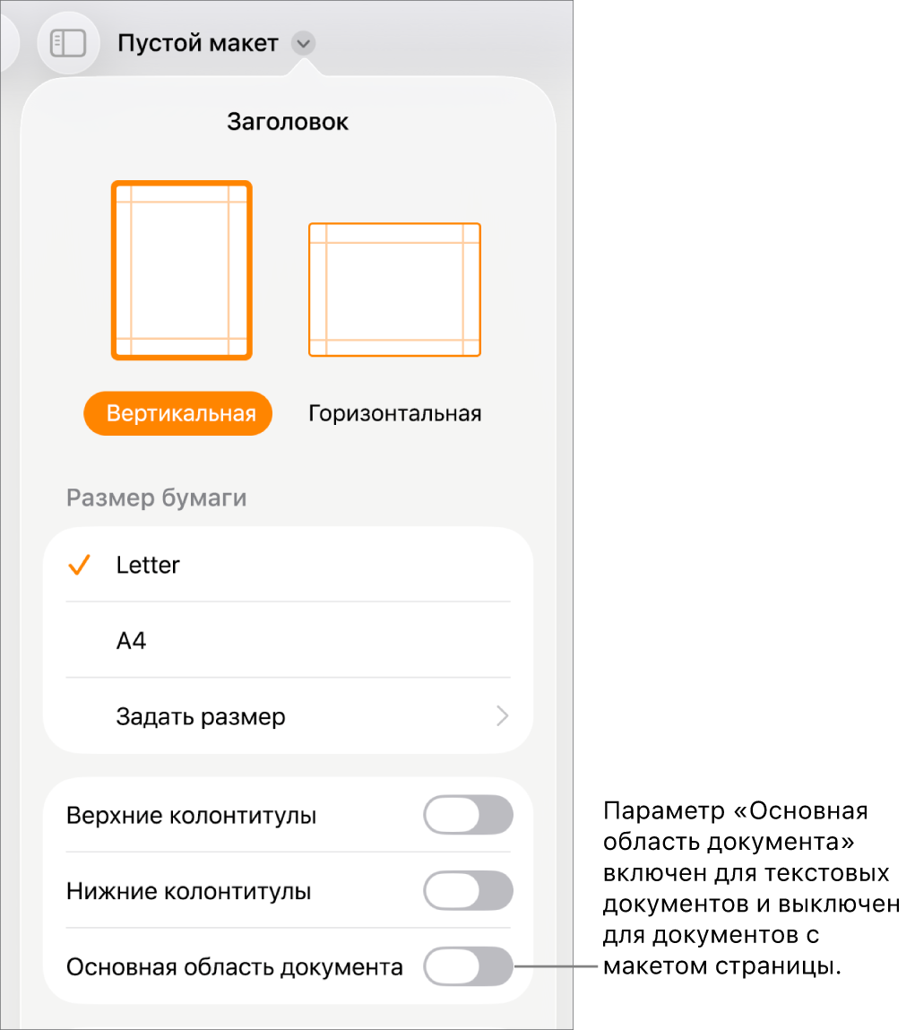 Элементы управления форматированием документа и включенный параметр «Основная область документа» в нижней части экрана.