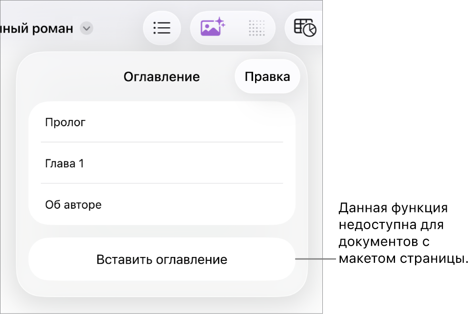 Окно оглавления. Отображаются: кнопка «Править» в правом верхнем углу, элементы оглавления и кнопка «Оглавление» внизу.