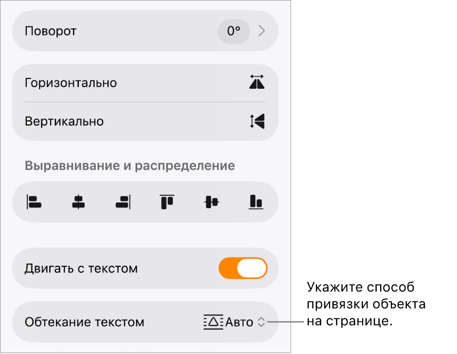 Элементы управления форматированием. Выбрана вкладка «Расстановка» с вариантами «Поместить на задний или передний план», «Двигать с текстом» и «Обтекание текстом».