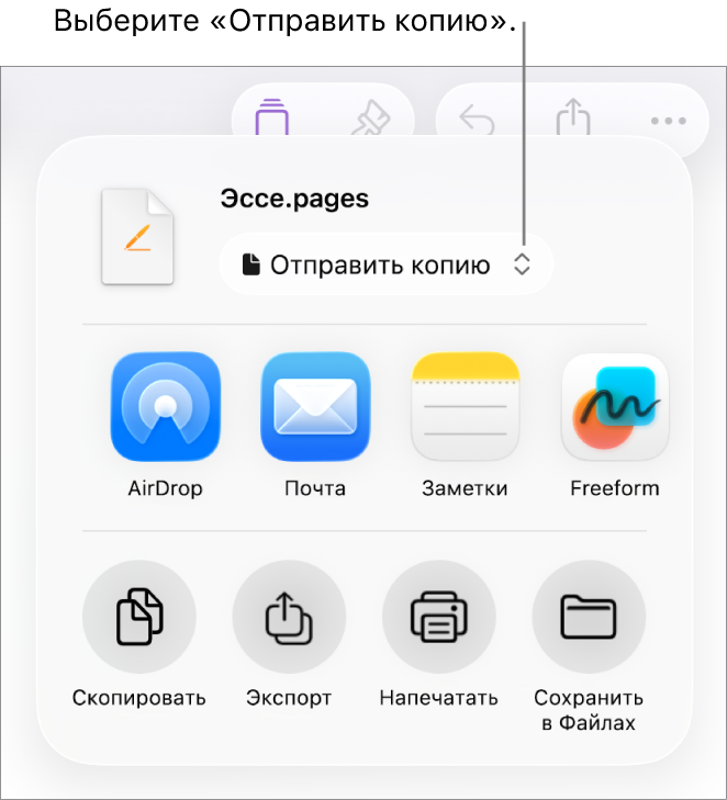 В верхней части меню «Поделиться» выбран параметр «Отправить копию».