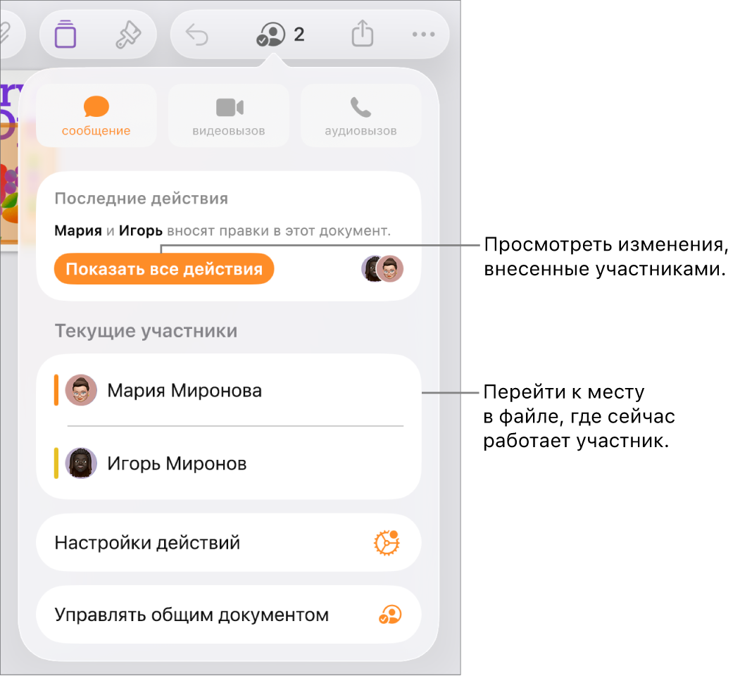 В меню совместной работы показаны активные участники.