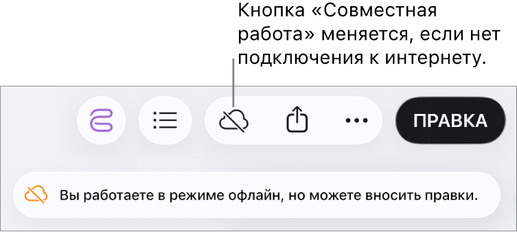 На экране отображается предупреждение: «Вы работаете в режиме офлайн, но можете вносить правки».