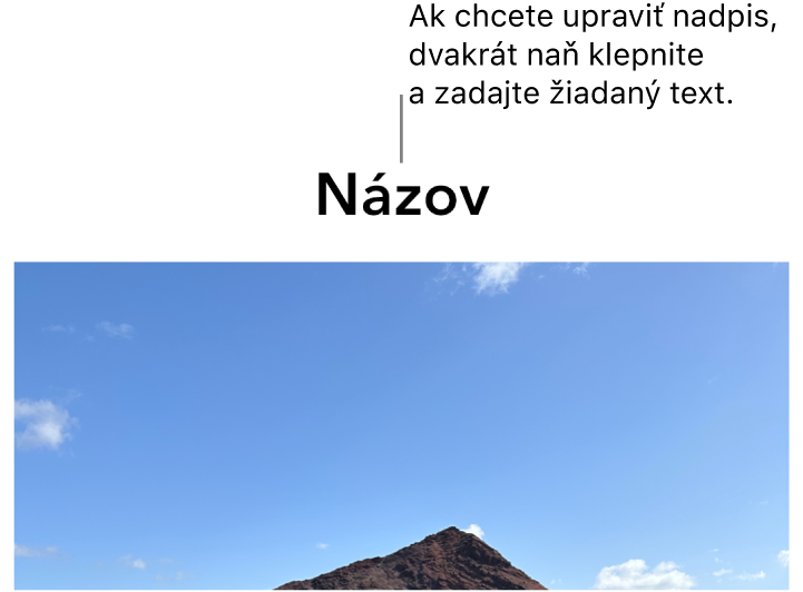 Pod fotkou sa zobrazí vzorový názov „Názov“. Okolo poľa názvu sa zobrazí modrý obrys, čo znamená, že je označený.