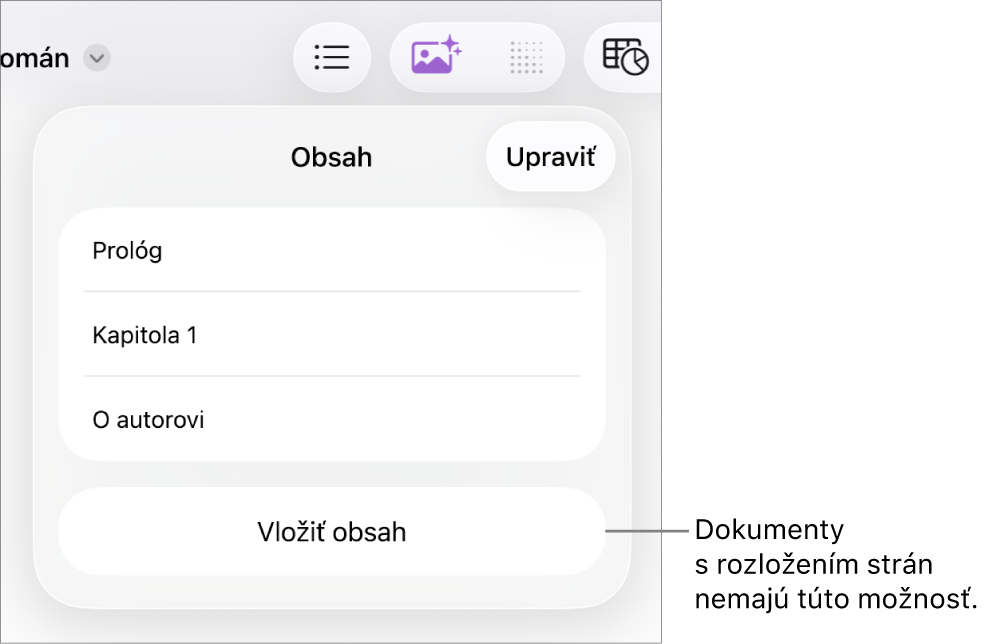 Zobrazenie obsahu s tlačidlom Upraviť v pravom hornom rohu, položkami obsahu a tlačidlom Vložiť obsah v dolnej časti.