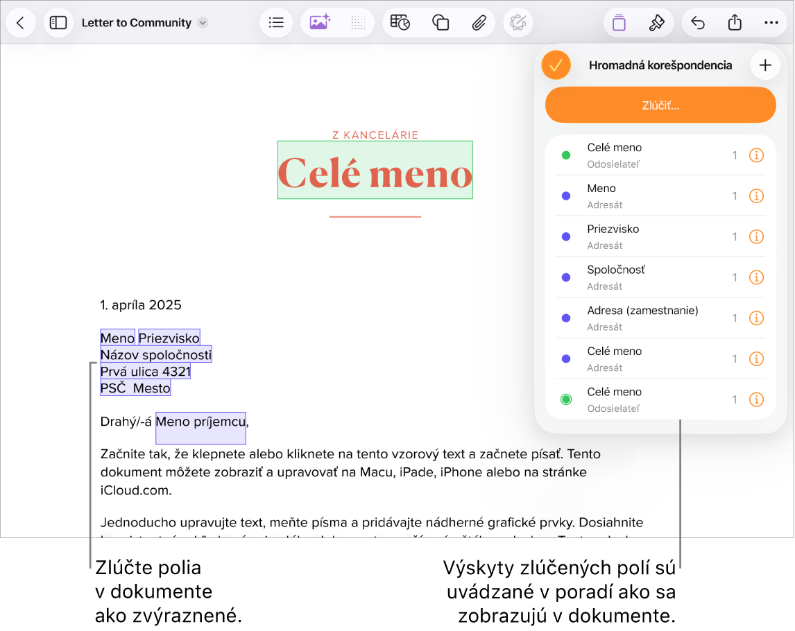 Dokument v Pages so zlučovacími poliami pre adresu príjemcu, kde je zvýraznený vzorový text, ktorý bude nahradený. V menu Hromadná korešpondencia je zoznam inštancií zlučovacích polí.