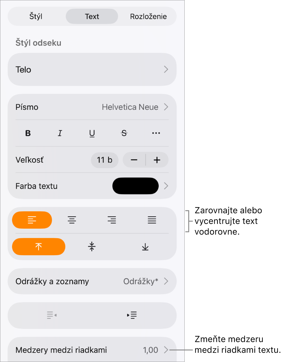 Tlačidlo ovládacích prvkov Formát s označenou záložkou Text a bublinami pre tlačidlá zarovnania textu a položkou menu Medzery medzi riadkami.