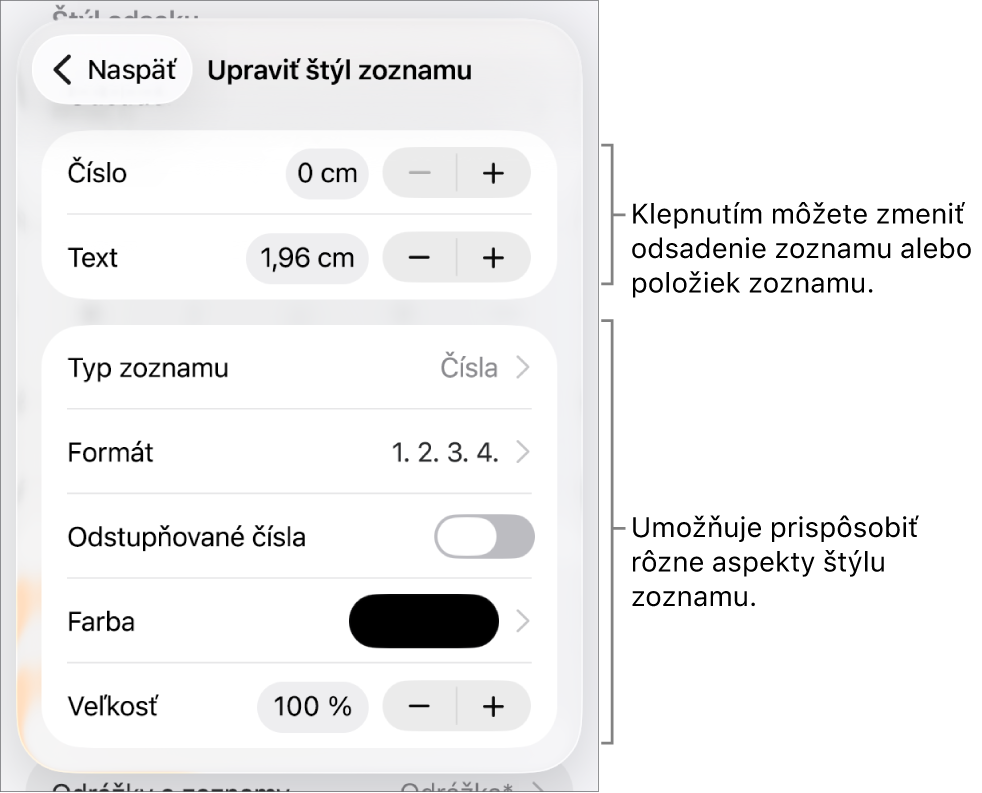 Menu Upraviť štýl zoznamu s ovládacími prvkami pre odsadenie, typ a formát zoznamu, odstupňované čísla, farbu a veľkosť zoznamu a nadväzujúce číslovanie.