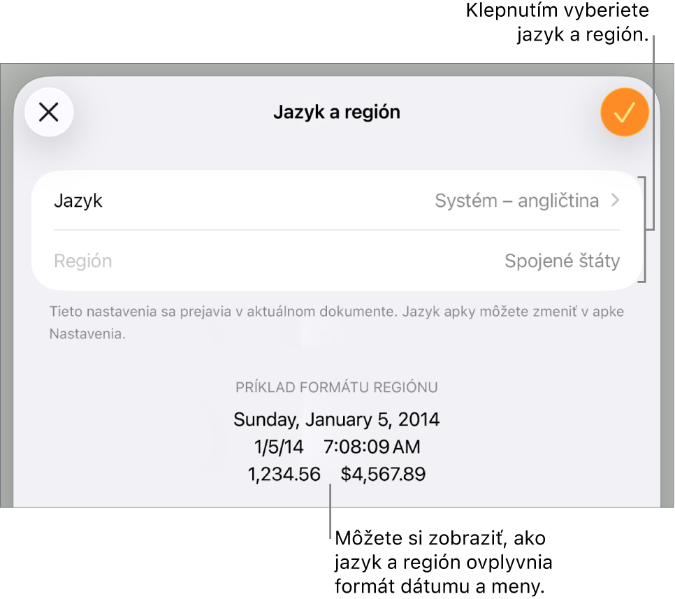 Panel Jazyk a región s ovládacími prvkami pre jazyk a región a príklad formátu dátumu, času, desatinného znaku a meny.