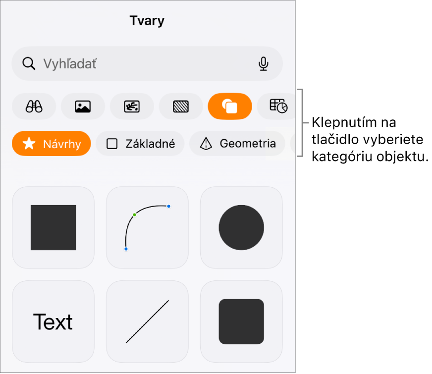 Ovládacie prvky na pridávanie objektu s tlačidlami v hornej časti na výber tabuliek, grafov, tvarov (vrátane čiar a textových polí) a médií.