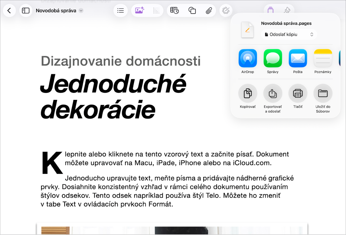 Rozpracovaný dokument s otvorenými možnosťami zdieľania a exportu.