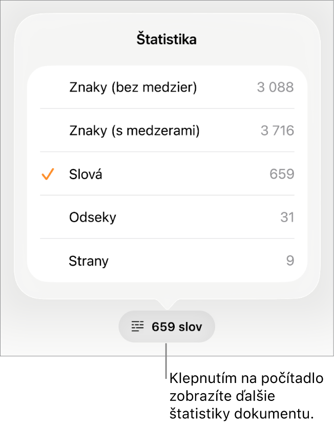 Počítadlo slov s menu ukazujúcim možnosti na zobrazenie počtu znakov s medzerami a bez medzier, počtu odsekov a počtu strán.