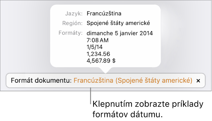 Hlásenie o inom jazyku a nastavení regiónu zobrazujúce príklady formátovania v danom jazyku a regióne.