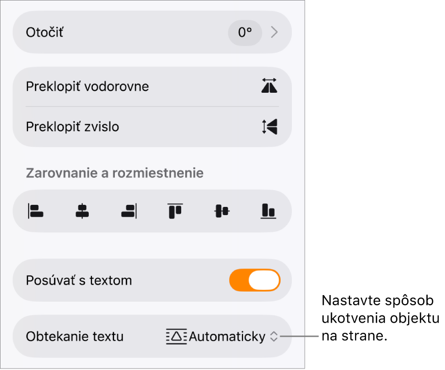 Ovládacie prvky Formát s označenou záložkou Rozloženie a ovládacími prvkami Presunutie dozadu/dopredu, Posúvať s textom a Obtekanie textu.