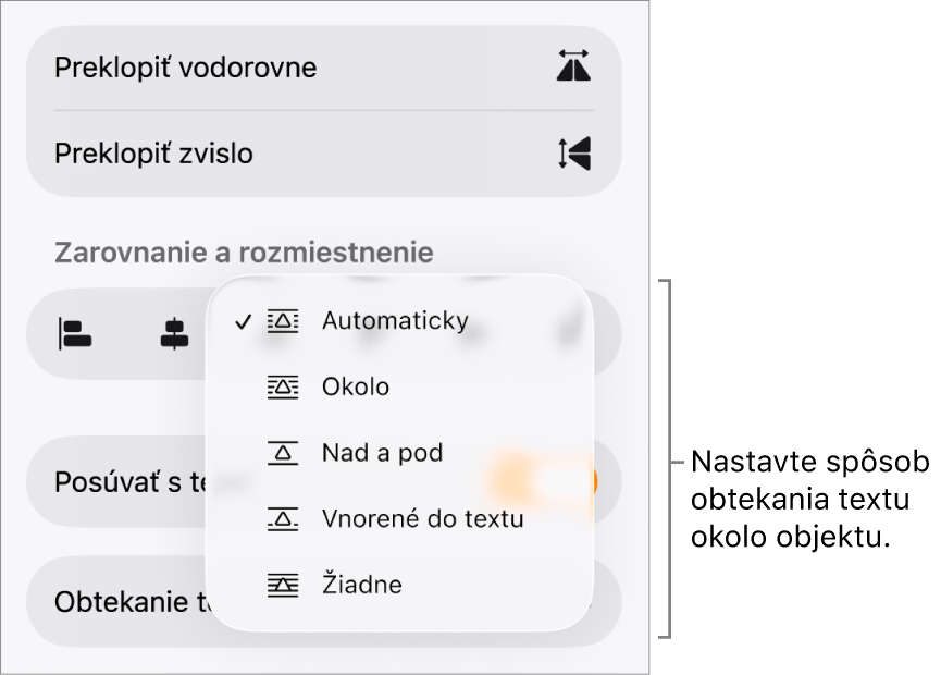 Ovládacie prvky Formát s označenou záložkou Rozloženie. Pod tým sú ovládacie prvky Obtekanie textu s možnosťami Presunutie dozadu/dopredu, Posúvať s textom a Obtekanie textu.