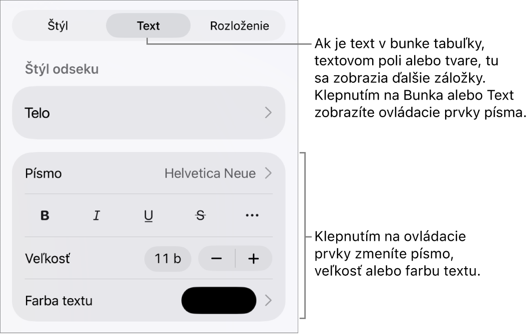 Ovládacie prvky textu v menu Formát pre nastavenie štýlov, písma, veľkosti a farby odsekov a znakov.