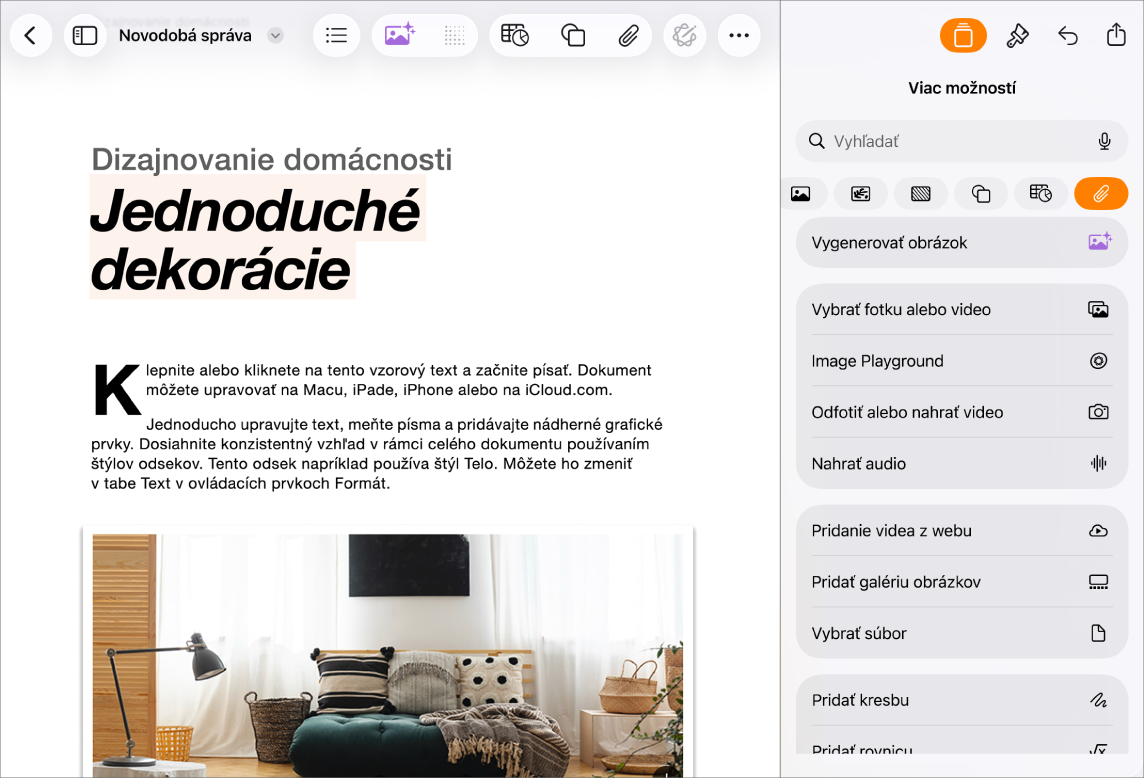Otvorený dokument Pages so zobrazeným menu Vložiť a otvoreným menu médií.