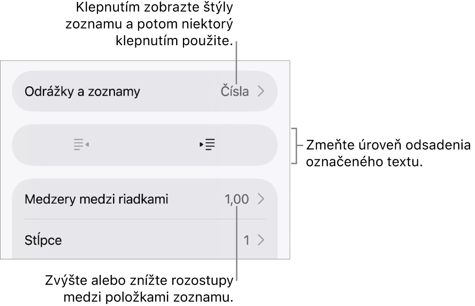 Sekcia Odrážky a zoznamy ovládacích prvkov Formát s bublinami popisujúcimi položku Odrážky a zoznamy, tlačidlami odsadenia a ovládacími prvkami na nastavenie medzery medzi riadkami.