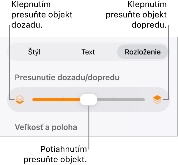 Tlačidlo Presunúť dozadu, tlačidlo Presunúť dopredu a posuvník vrstiev.