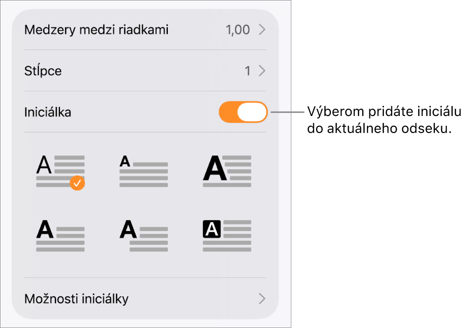 Ovládacie prvky Iniciálka v menu Text.