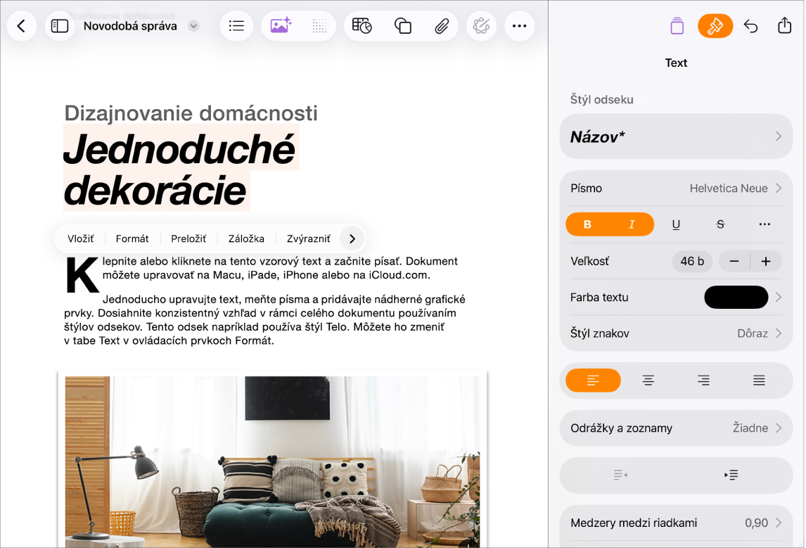 Otvorený dokument Pages s vybraným textom a otvorenými možnosťami formátovania textu.