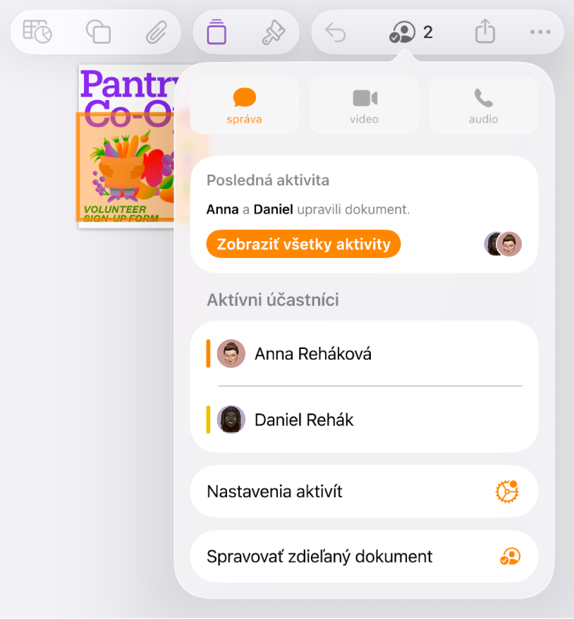 Menu spolupráce obsahujúce mená ľudí spolupracujúcich na dokumente.