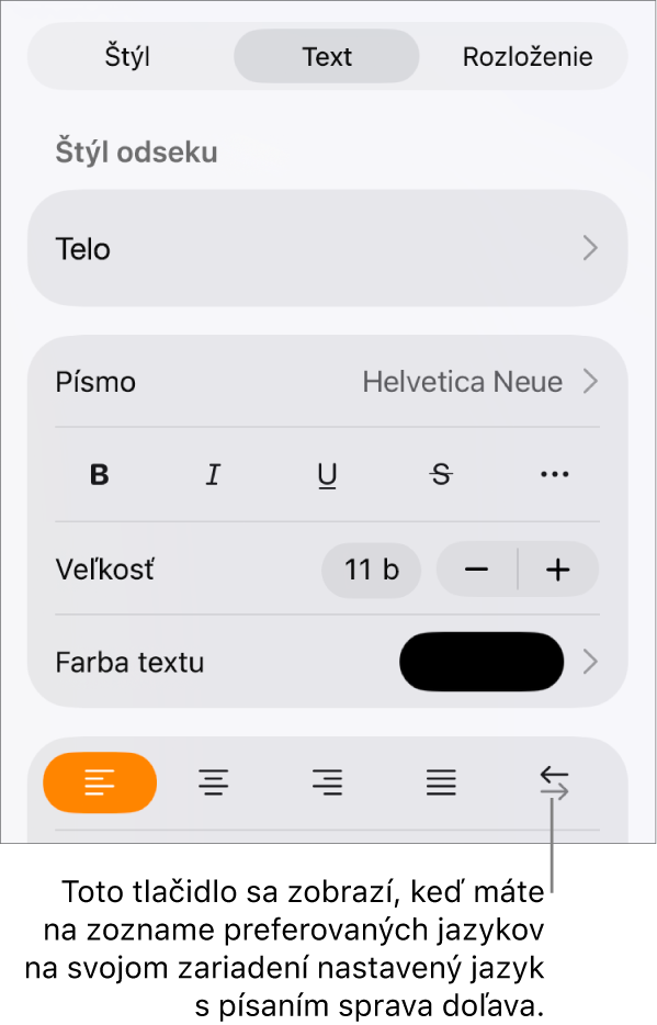 Ovládacie prvky v menu Formát s bublinou pre tlačidlo Sprava doľava.