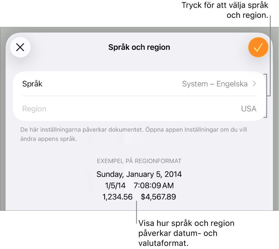 Panelen Språk och region med reglage för språk och region samt ett formatexempel med datum, tid, decimal och valuta.