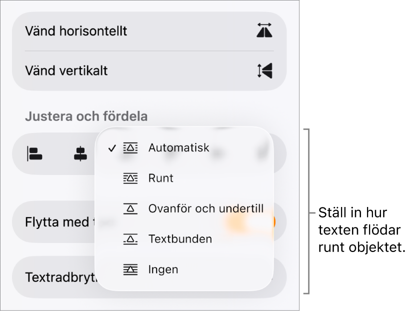 Formatreglagen med fliken Ordna vald. Nedanför finns textradbrytningsreglagen med Lägg nederst/överst, Flytta med text och Textradbrytning.